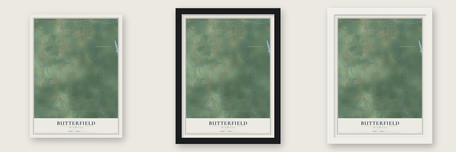 Butterfield, Michigan map unframed, in a black wood frame and in a white wood frame