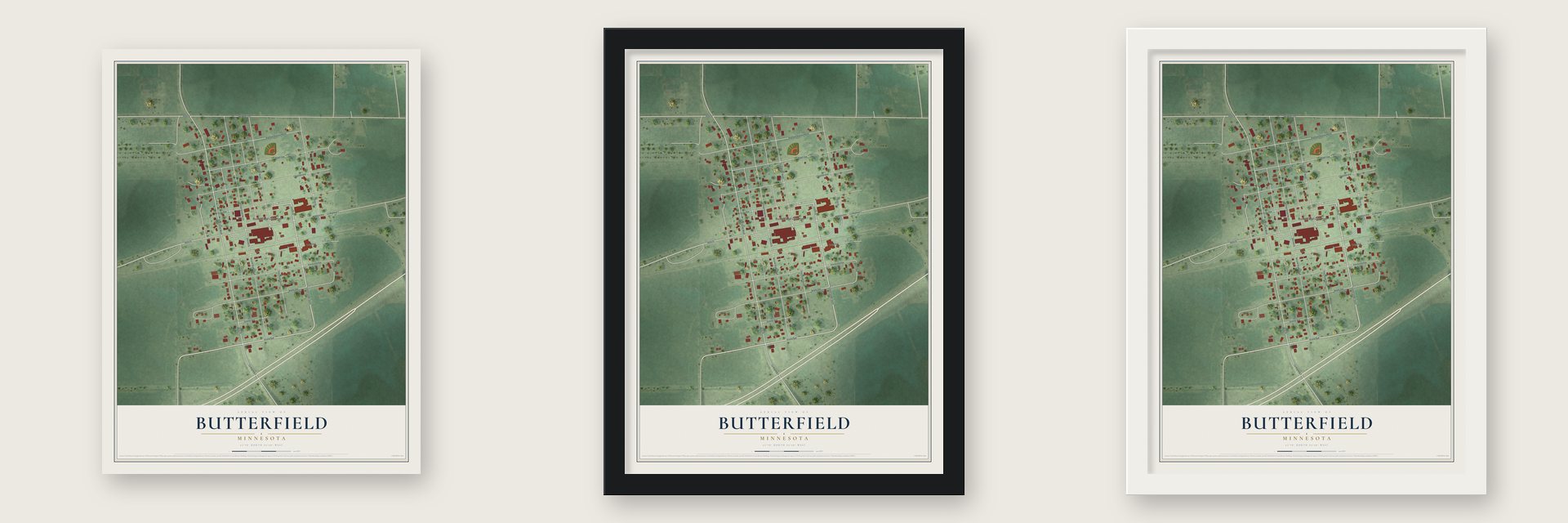 Butterfield, Minnesota map unframed, in a black wood frame and in a white wood frame