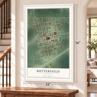 Butterfield, Minnesota map, 24 x 36 inch print in a white frame by a staircase