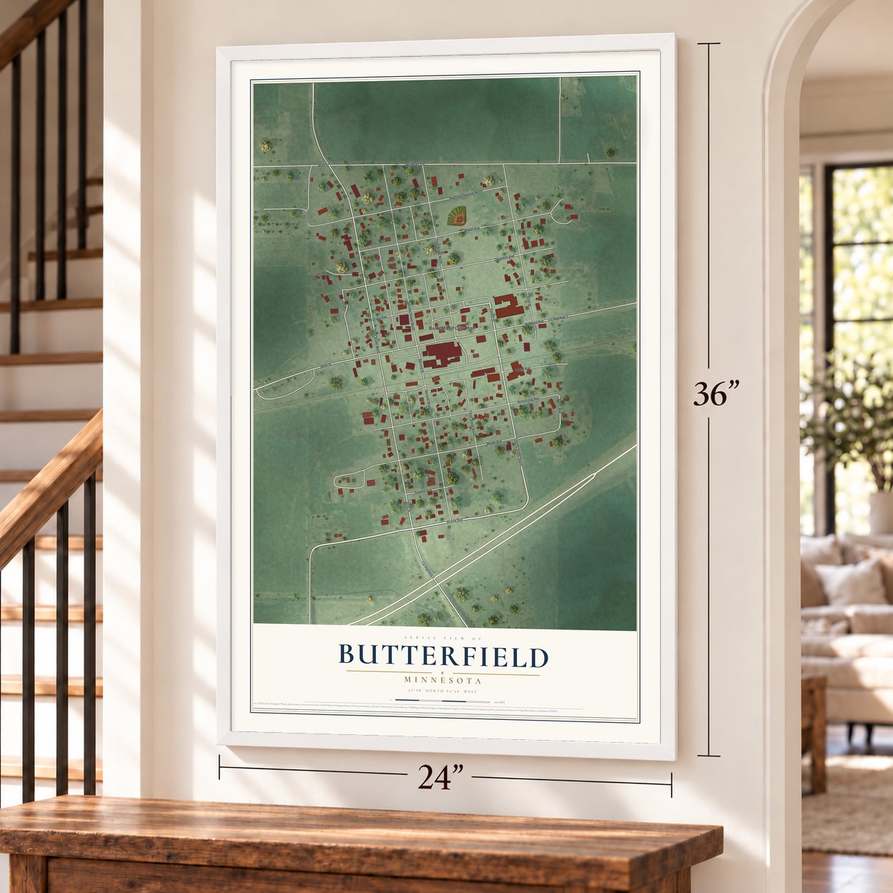 Butterfield, Minnesota map, 24 x 36 inch print in a white frame by a staircase