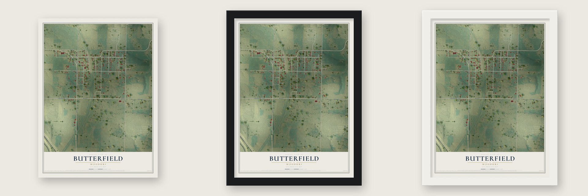 Butterfield, Missouri map unframed, in a black wood frame and in a white wood frame