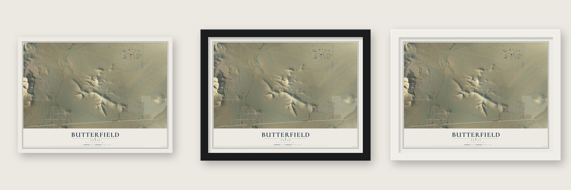 Butterfield, Texas map unframed, in a black wood frame and in a white wood frame