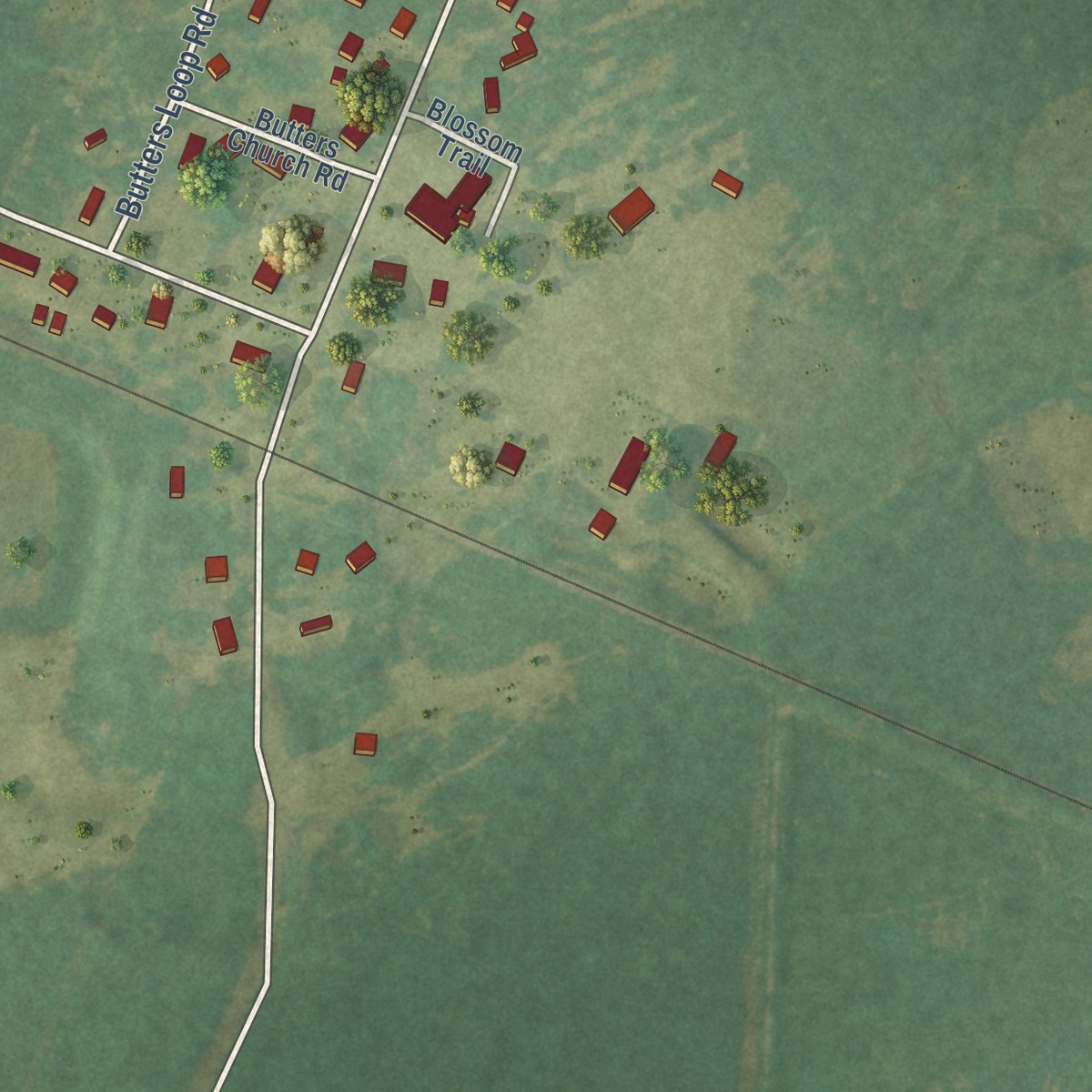 Second close-up of the map of Butters, North Carolina print showing more streets and buildings