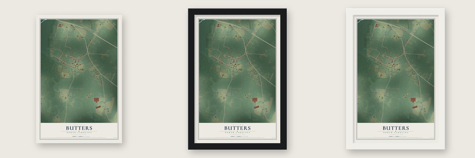Butters, North Carolina map unframed, in a black wood frame and in a white wood frame