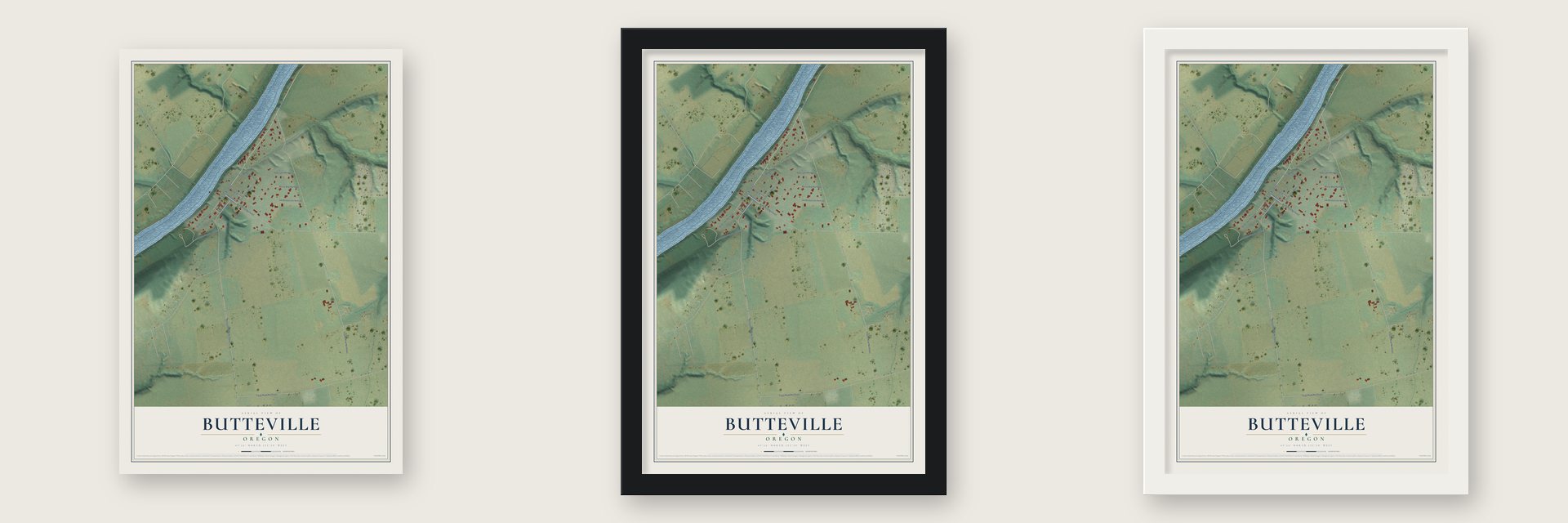 Butteville, Oregon map unframed, in a black wood frame and in a white wood frame