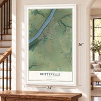 Butteville, Oregon map, 24 x 36 inch print in a white frame by a staircase