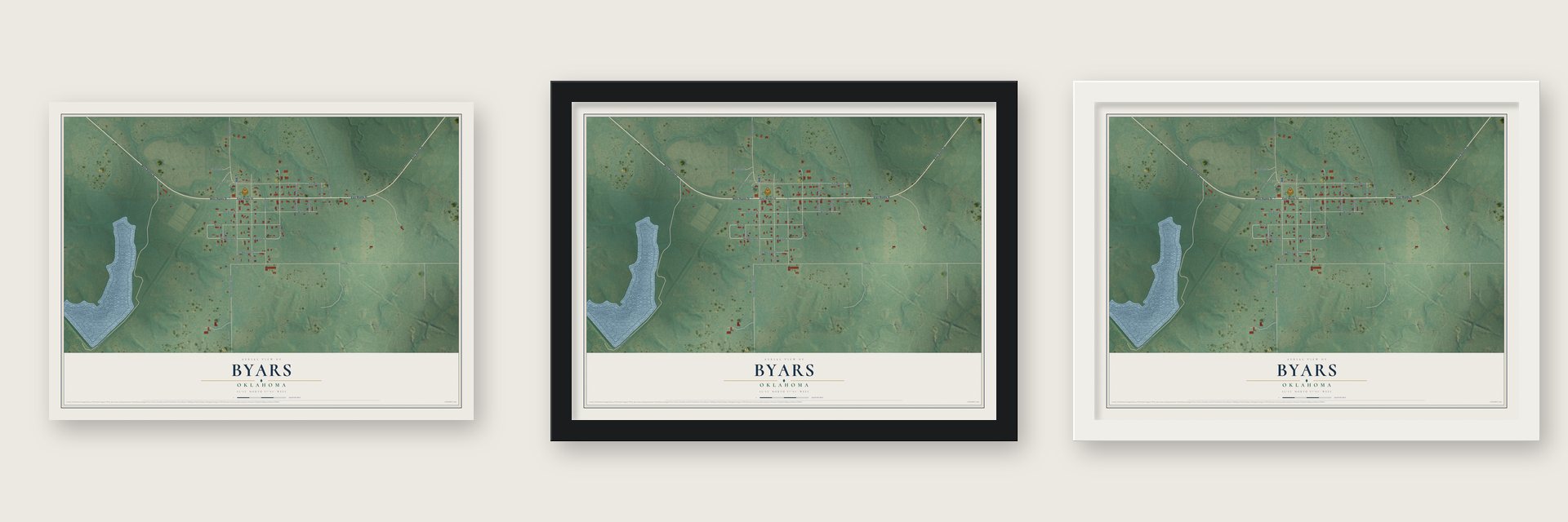 Byars, Oklahoma map unframed, in a black wood frame and in a white wood frame
