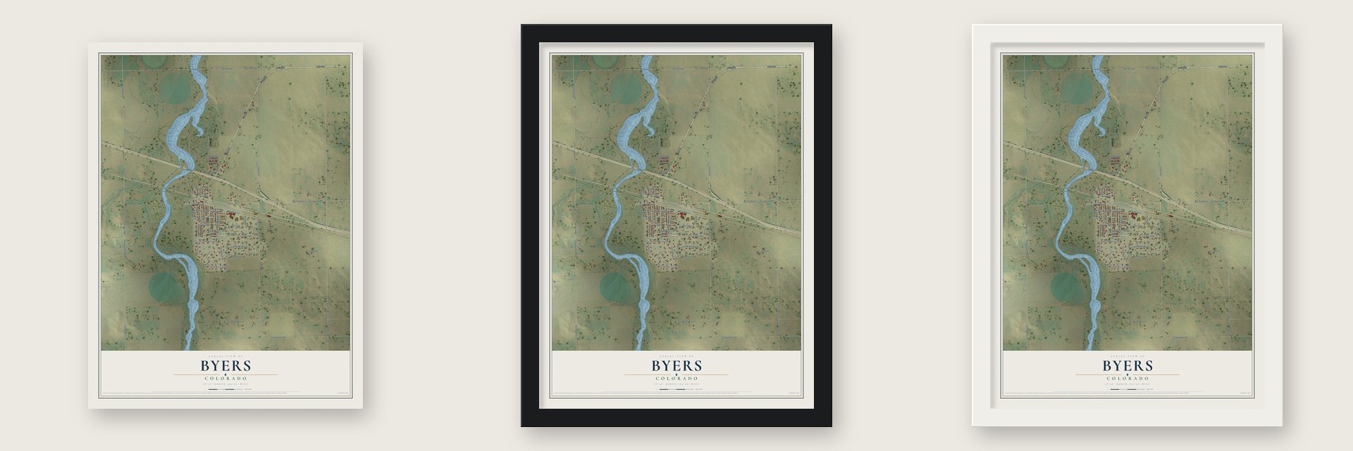 Byers, Colorado map unframed, in a black wood frame and in a white wood frame