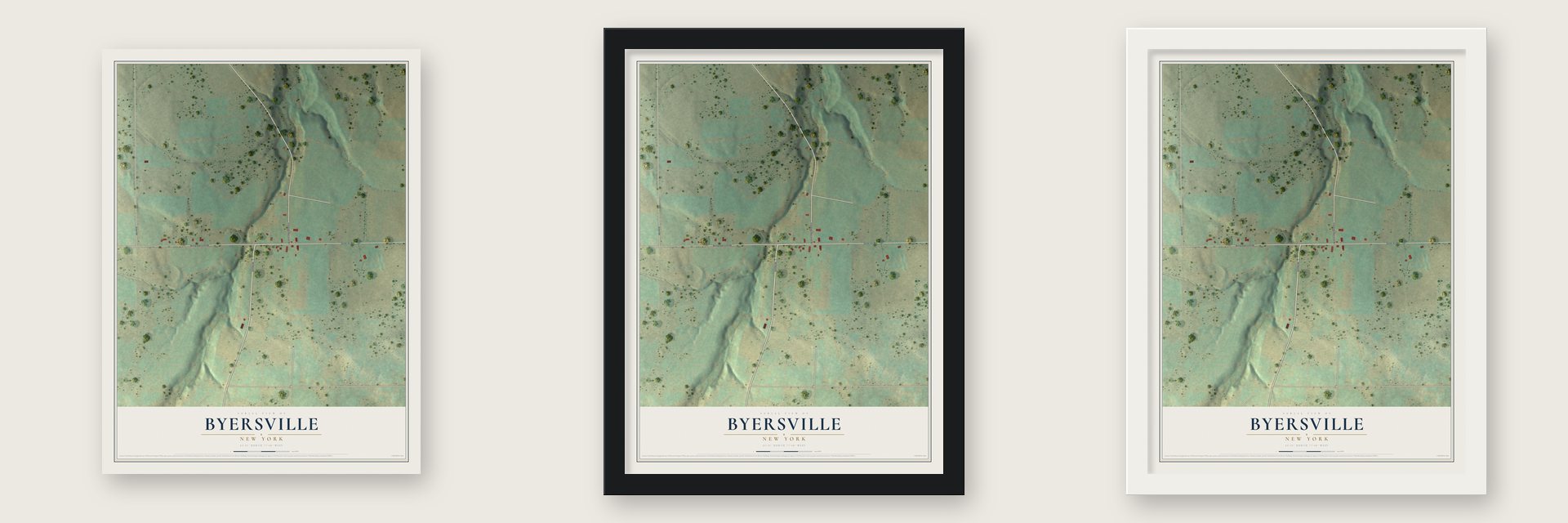 Byersville, New York map unframed, in a black wood frame and in a white wood frame