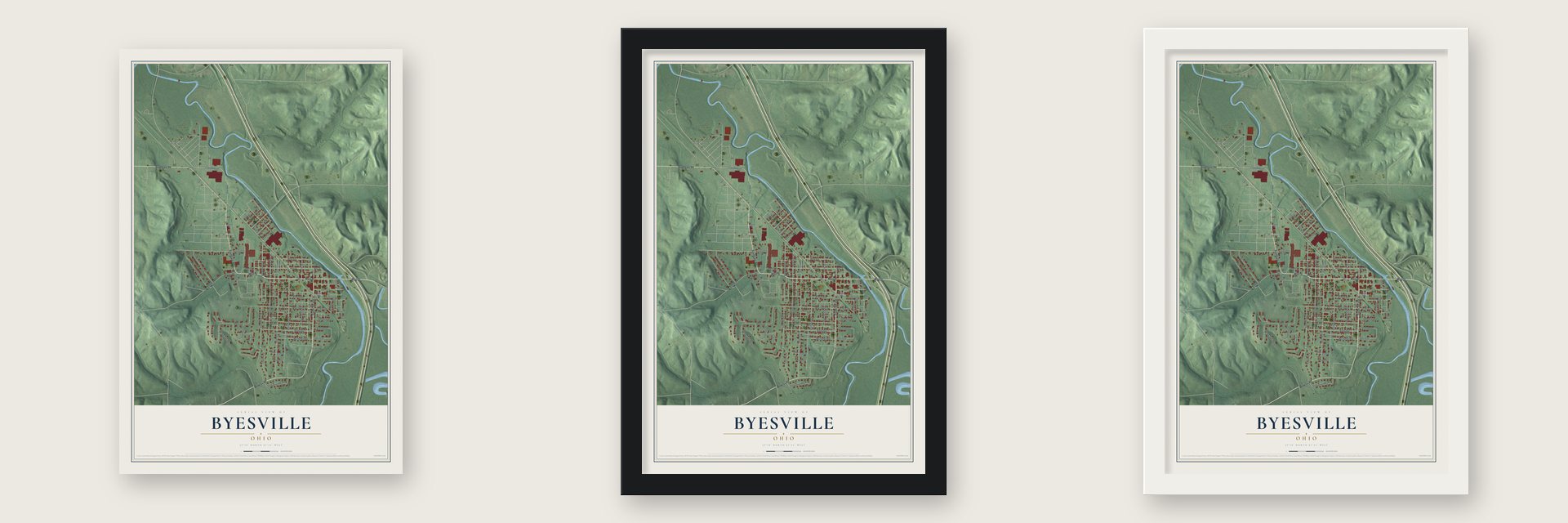 Byesville, Ohio map unframed, in a black wood frame and in a white wood frame