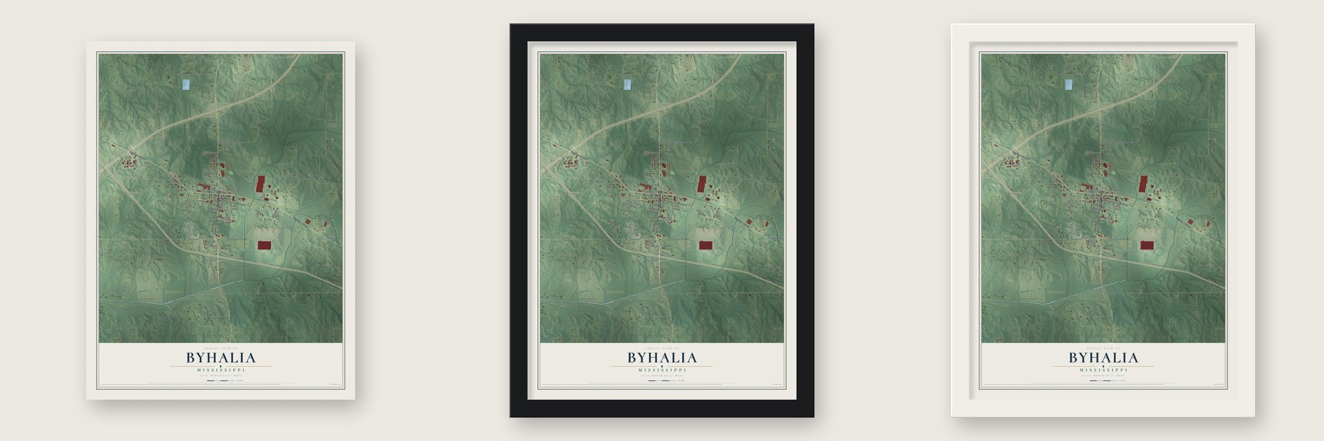 Byhalia, Mississippi map unframed, in a black wood frame and in a white wood frame