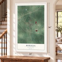 Byhalia, Mississippi map, 24 x 36 inch print in a white frame by a staircase