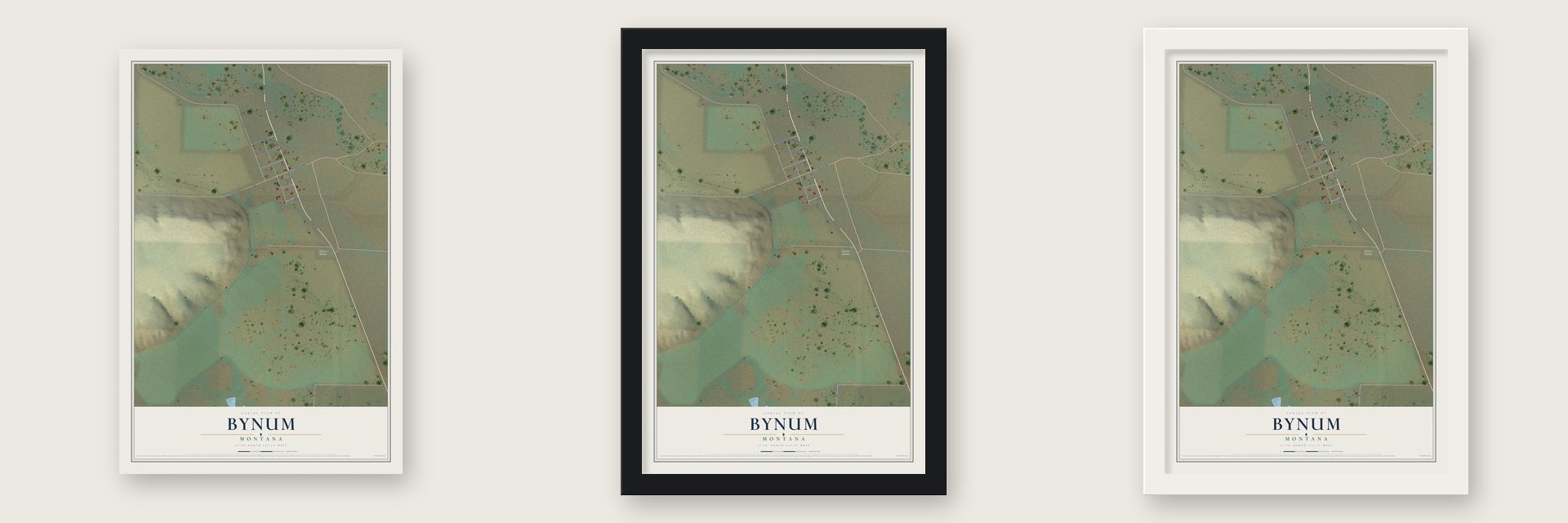 Bynum, Montana map unframed, in a black wood frame and in a white wood frame