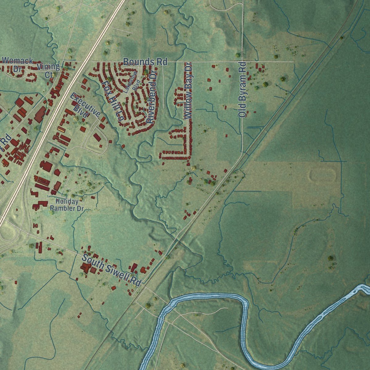 Second close-up of the map of Byram, Mississippi print showing more streets and buildings