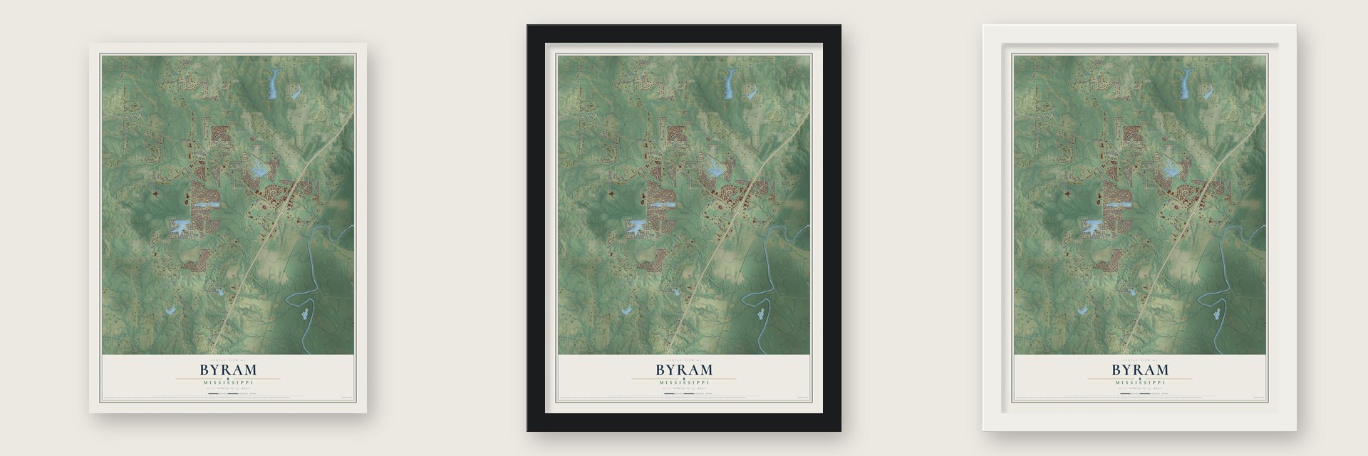 Byram, Mississippi map unframed, in a black wood frame and in a white wood frame