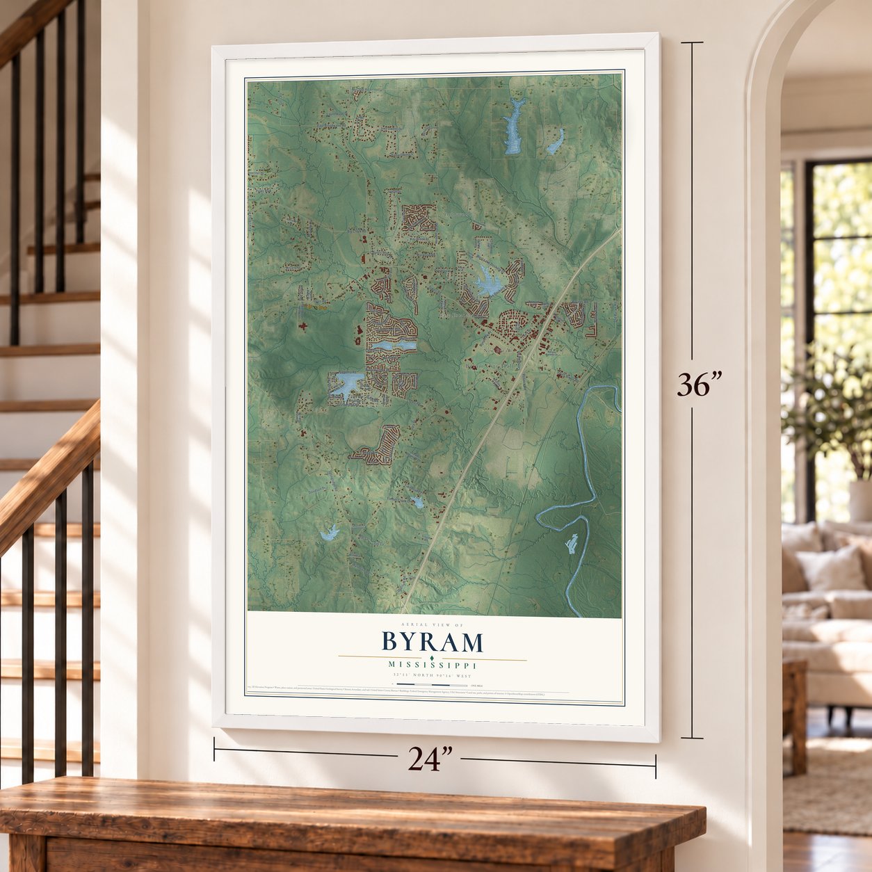Byram, Mississippi map, 24 x 36 inch print in a white frame by a staircase
