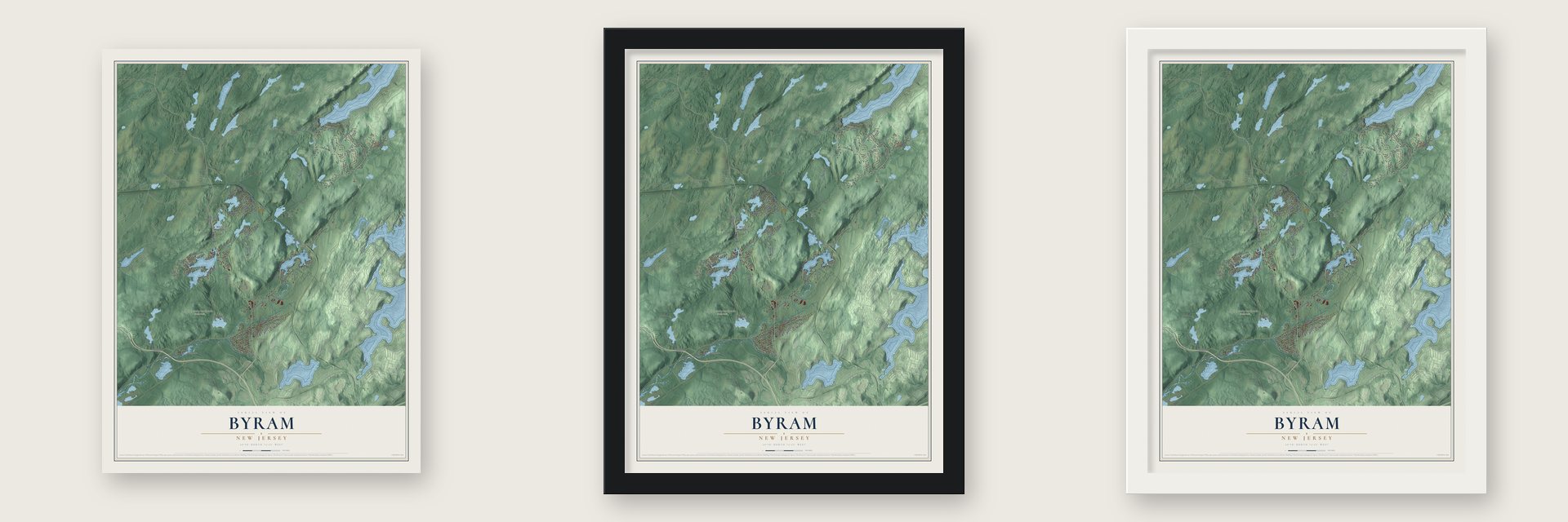Byram, New Jersey map unframed, in a black wood frame and in a white wood frame