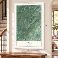 Byram, New Jersey map, 24 x 36 inch print in a white frame by a staircase