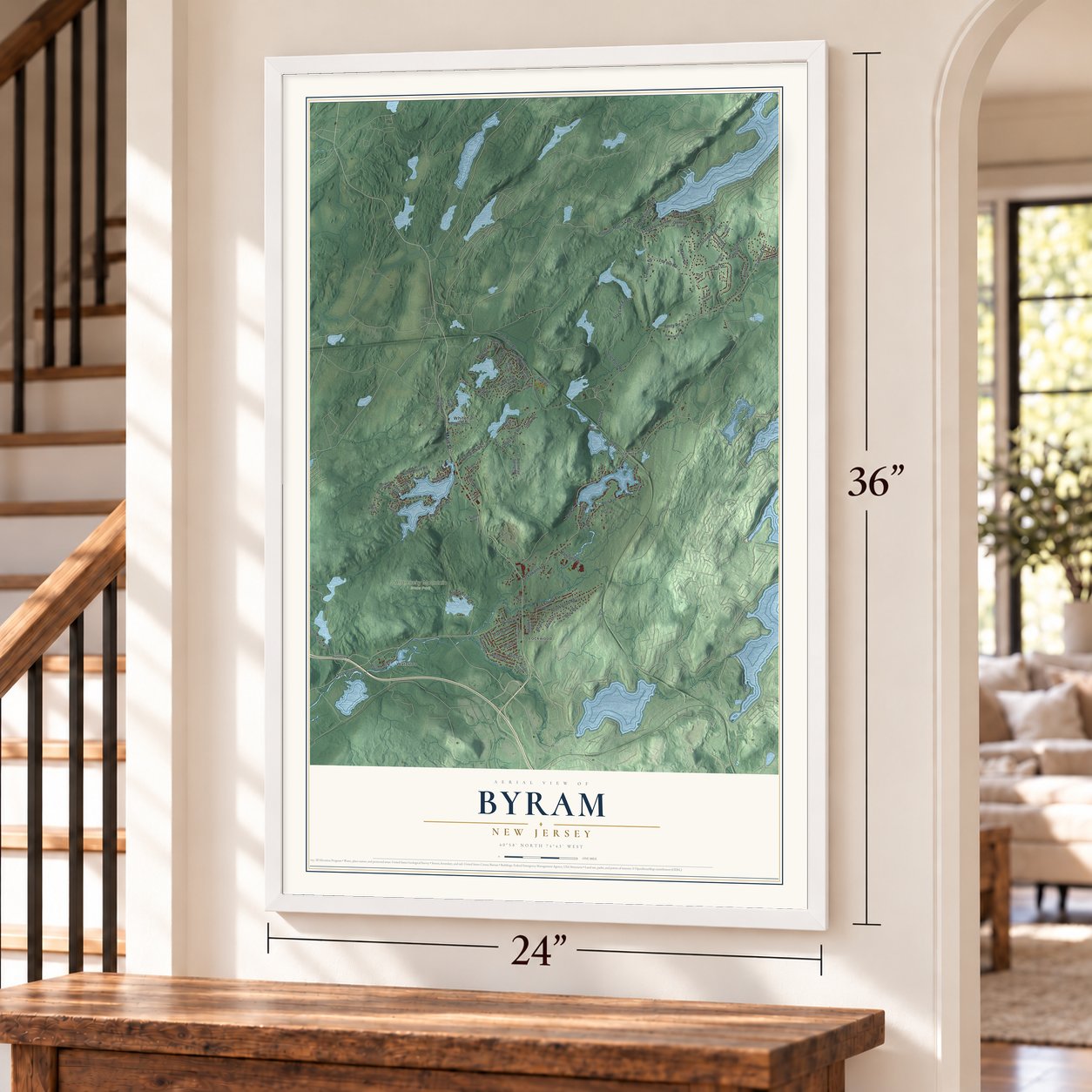 Byram, New Jersey map, 24 x 36 inch print in a white frame by a staircase