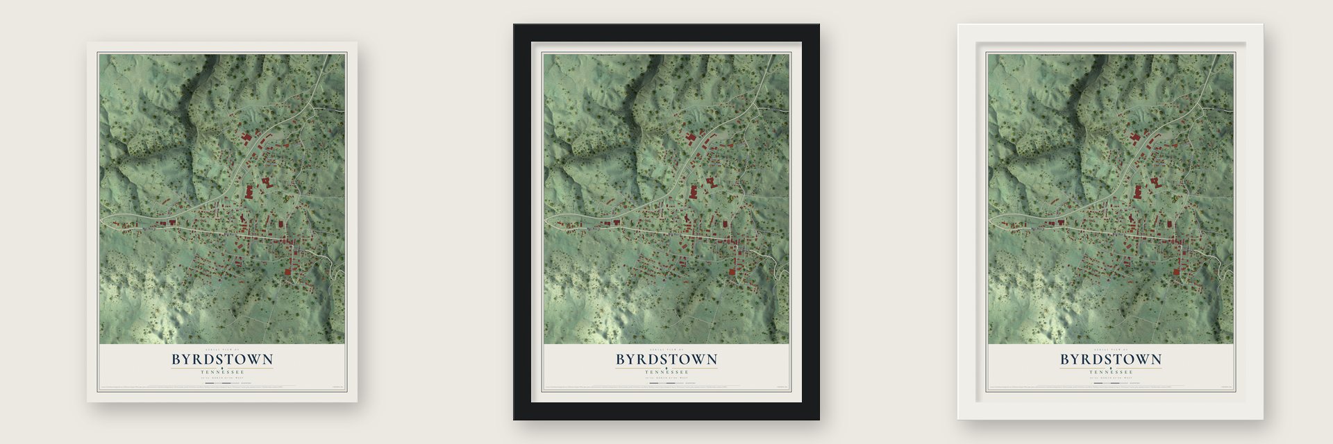 Byrdstown, Tennessee map unframed, in a black wood frame and in a white wood frame