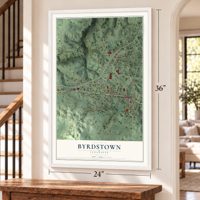 Byrdstown, Tennessee map, 24 x 36 inch print in a white frame by a staircase