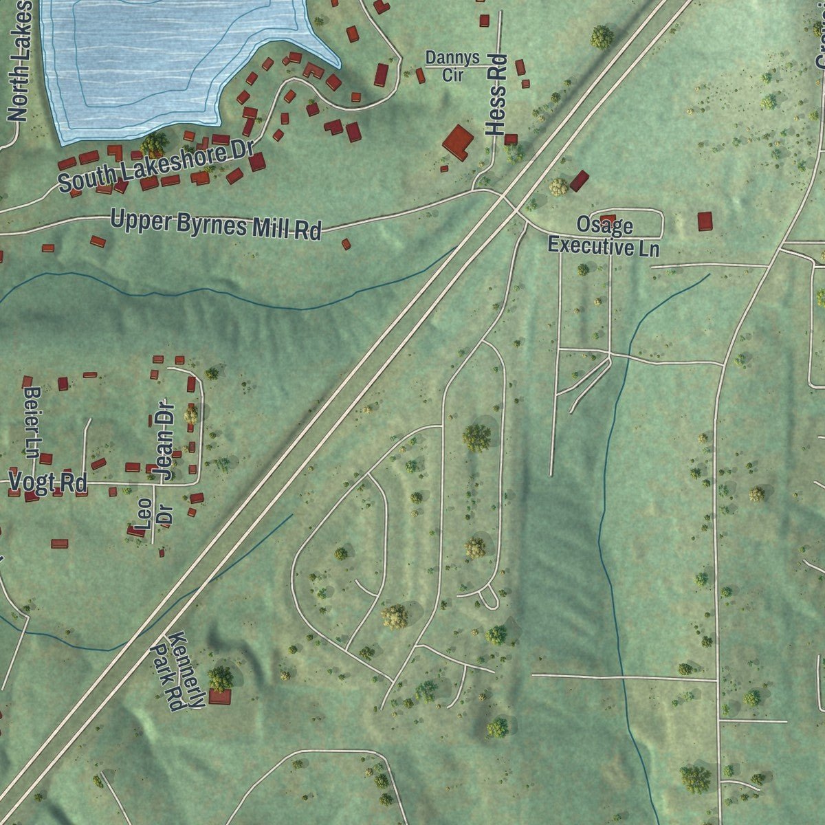 Second close-up of the map of Byrnes Mill, Missouri print showing more streets and buildings