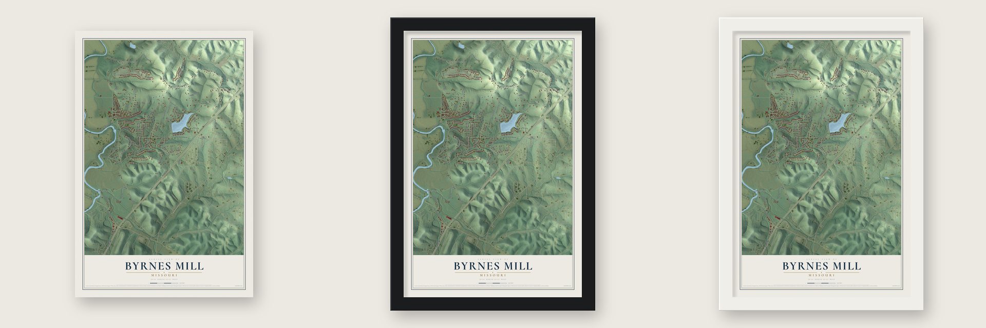 Byrnes Mill, Missouri map unframed, in a black wood frame and in a white wood frame