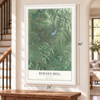 Byrnes Mill, Missouri map, 24 x 36 inch print in a white frame by a staircase