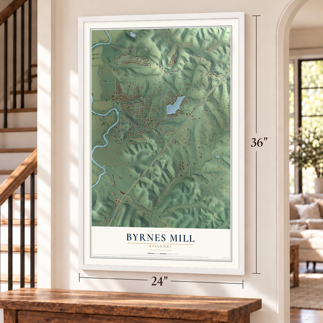 Byrnes Mill, Missouri map, 24 x 36 inch print in a white frame by a staircase