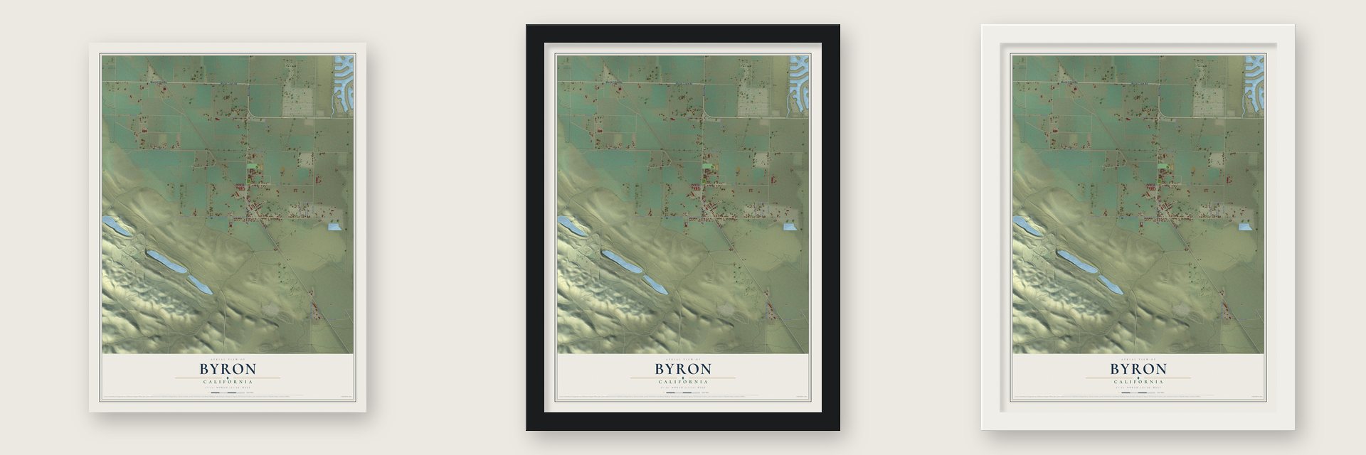 Byron, California map unframed, in a black wood frame and in a white wood frame