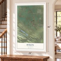 Byron, California map, 24 x 36 inch print in a white frame by a staircase