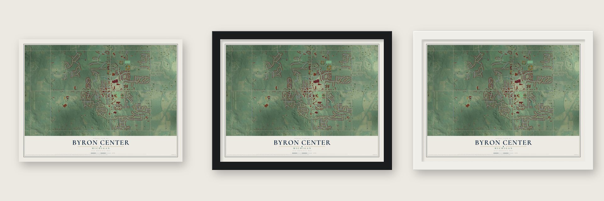 Byron Center, Michigan map unframed, in a black wood frame and in a white wood frame