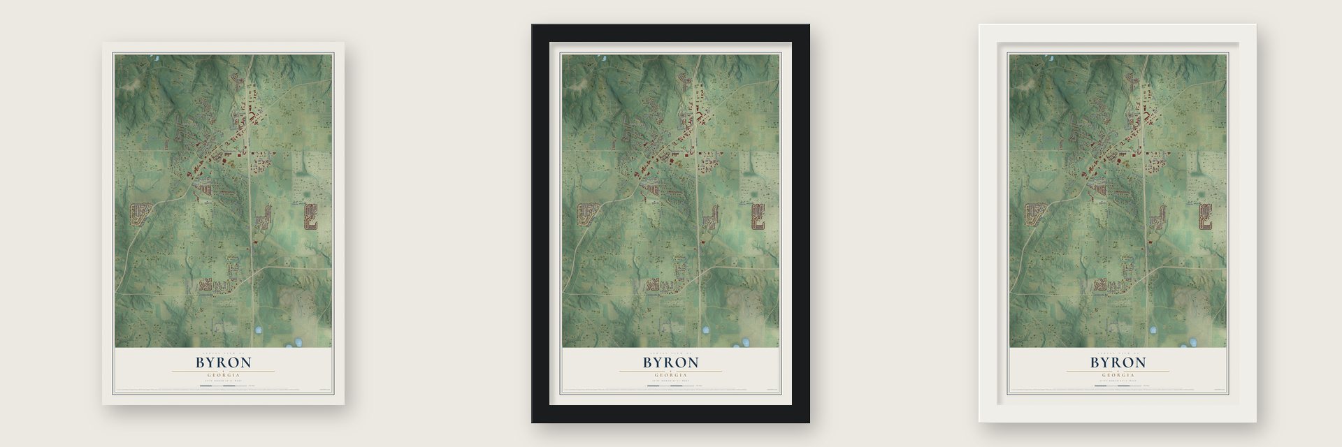 Byron, Georgia map unframed, in a black wood frame and in a white wood frame