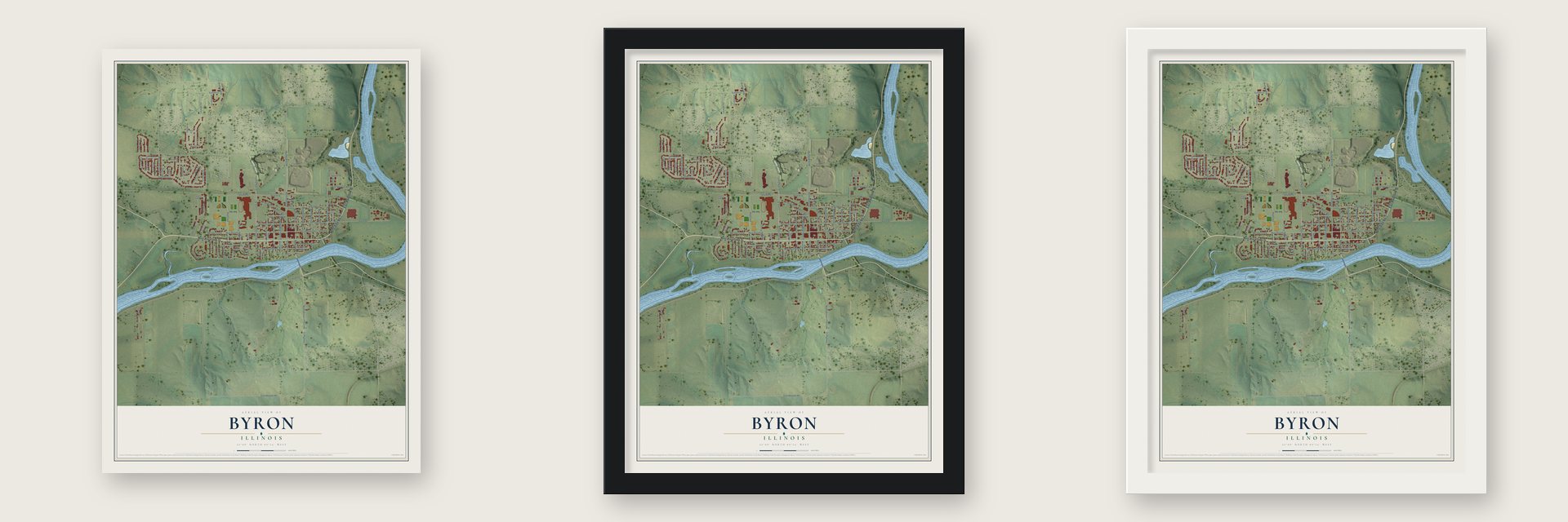 Byron, Illinois map unframed, in a black wood frame and in a white wood frame