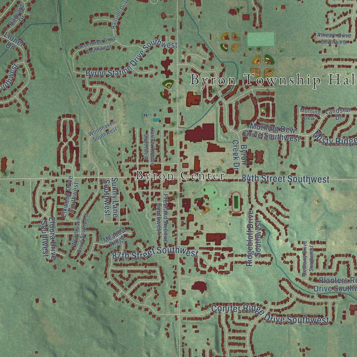 Second close-up of the map of Byron, Kent County, Michigan print showing more streets and buildings