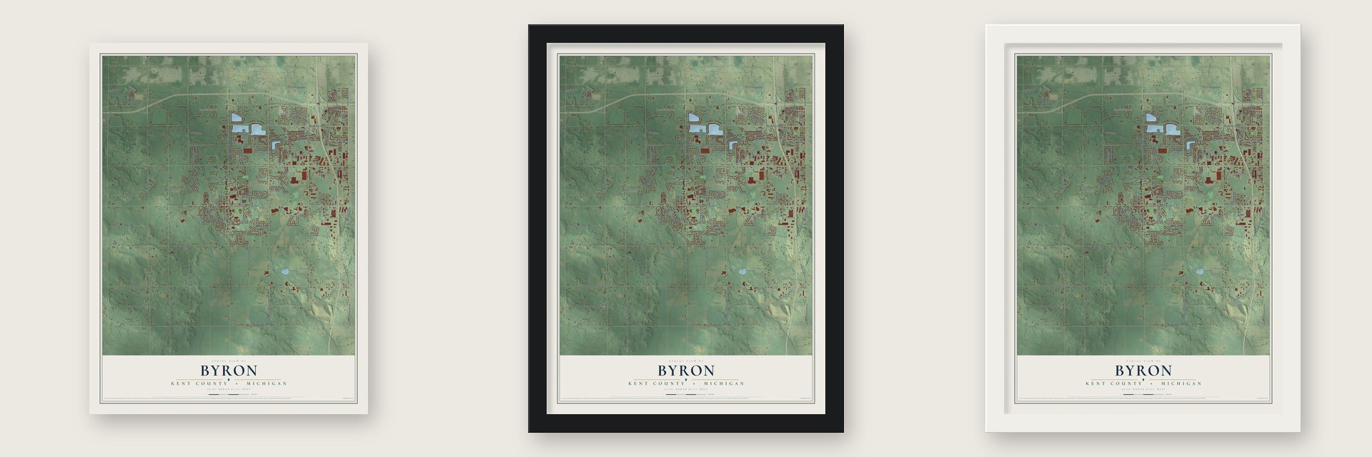 Byron, Kent County, Michigan map unframed, in a black wood frame and in a white wood frame