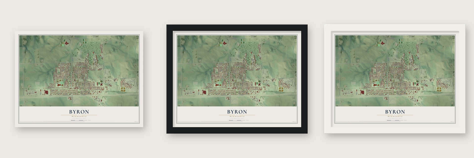 Byron, Minnesota map unframed, in a black wood frame and in a white wood frame