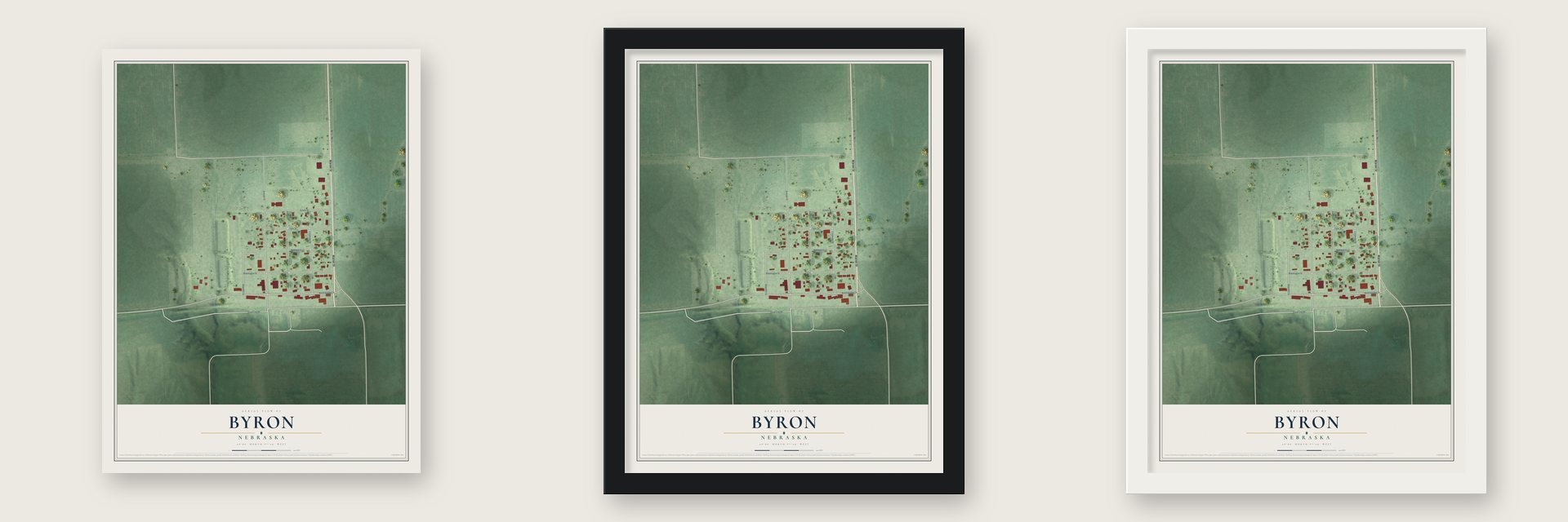 Byron, Nebraska map unframed, in a black wood frame and in a white wood frame