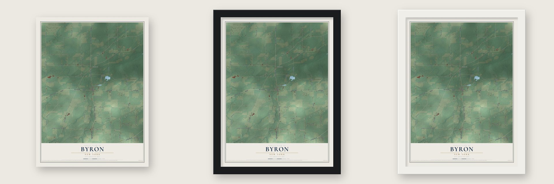 Byron, New York map unframed, in a black wood frame and in a white wood frame