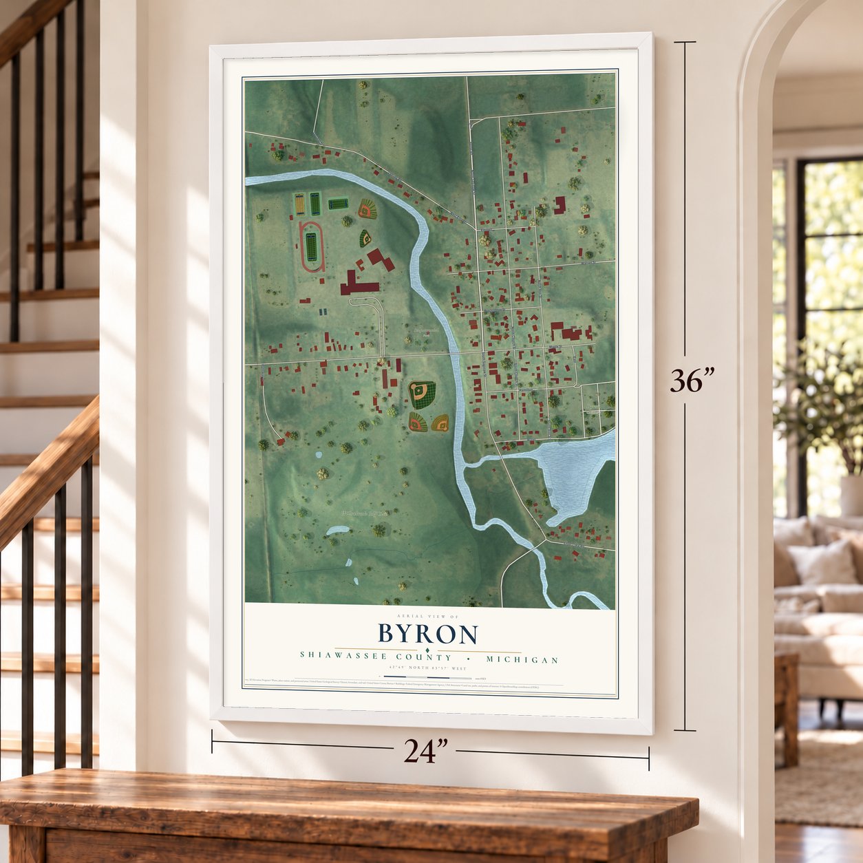 Byron, Shiawassee County, Michigan map, 24 x 36 inch print in a white frame by a staircase