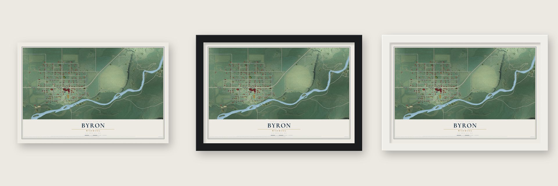 Byron, Wyoming map unframed, in a black wood frame and in a white wood frame