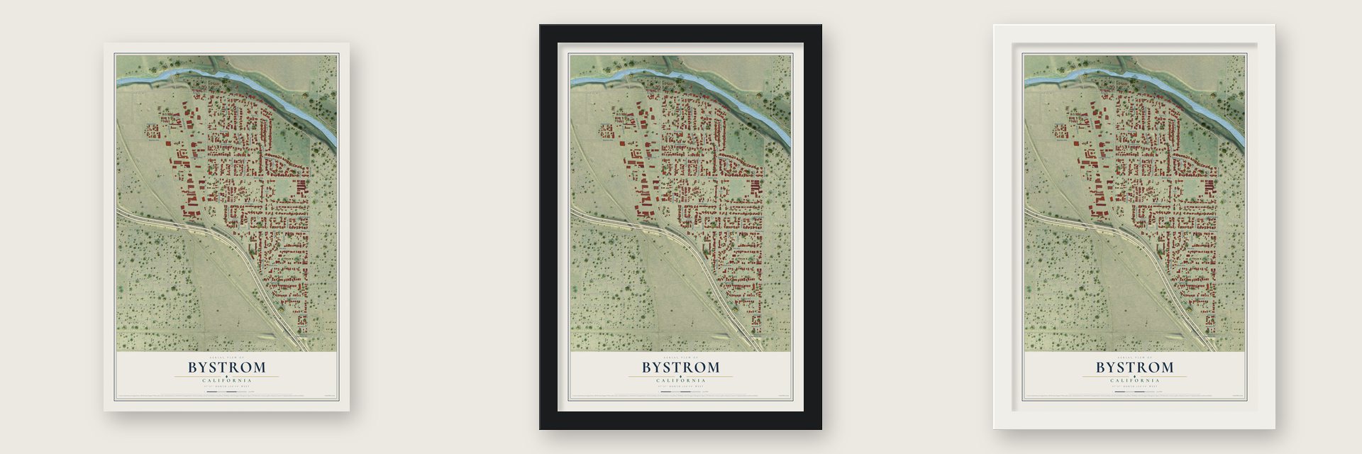 Bystrom, California map unframed, in a black wood frame and in a white wood frame