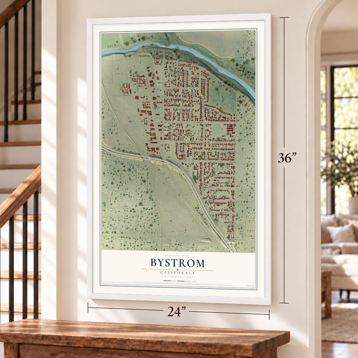 Bystrom, California map, 24 x 36 inch print in a white frame by a staircase