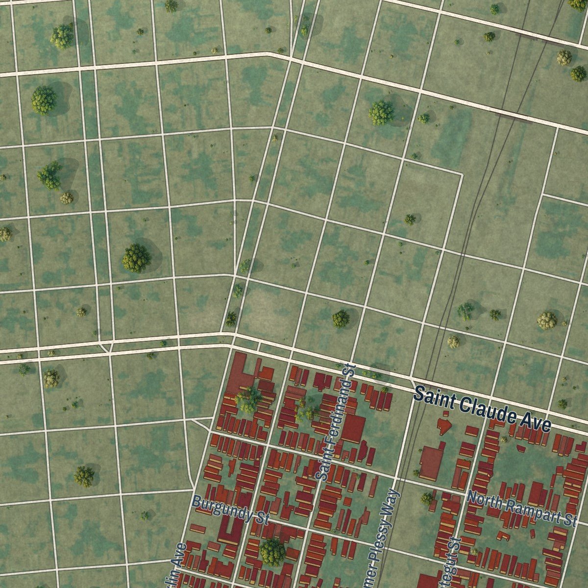 Second close-up of the map of Bywater, Louisiana print showing more streets and buildings