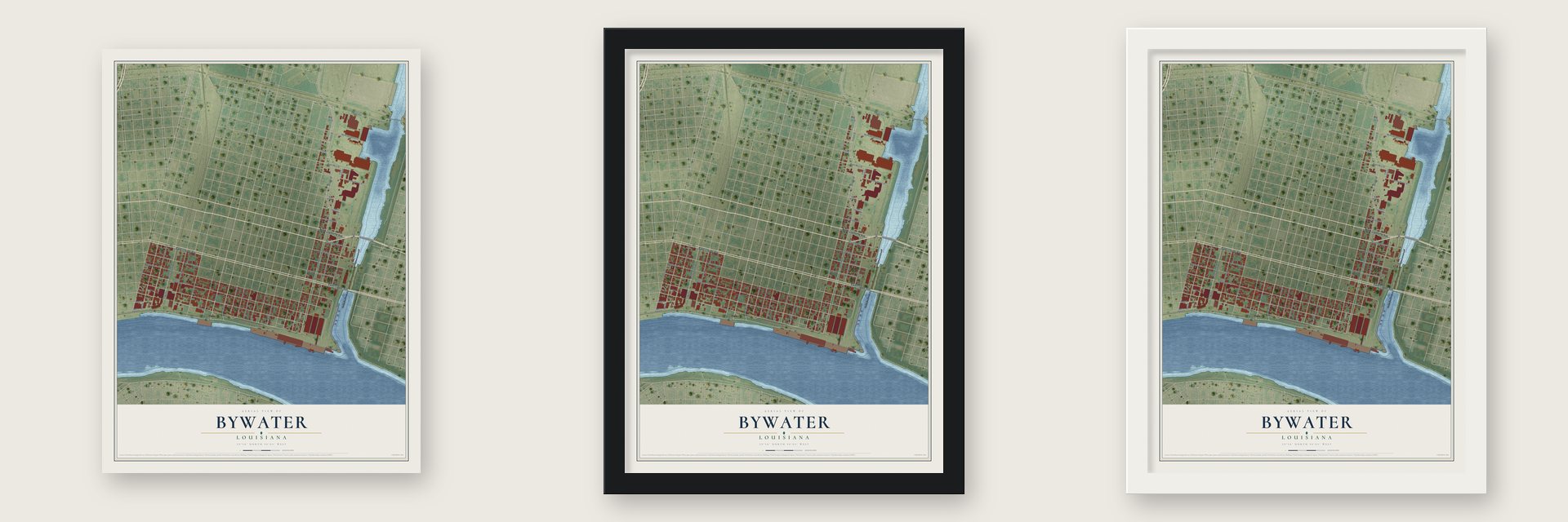 Bywater, Louisiana map unframed, in a black wood frame and in a white wood frame