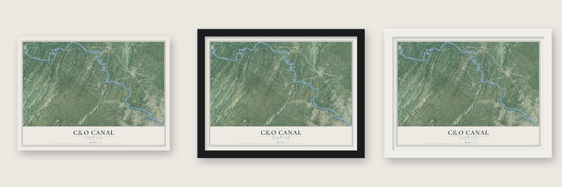 C&O Canal, Maryland map unframed, in a black wood frame and in a white wood frame