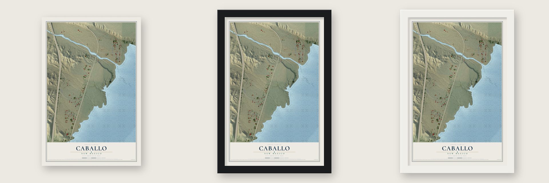 Caballo, New Mexico map unframed, in a black wood frame and in a white wood frame