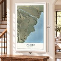 Caballo, New Mexico map, 24 x 36 inch print in a white frame by a staircase