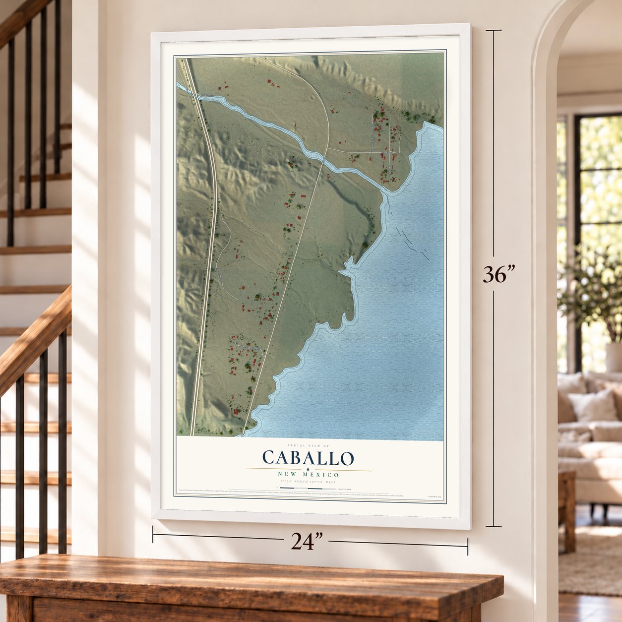 Caballo, New Mexico map, 24 x 36 inch print in a white frame by a staircase