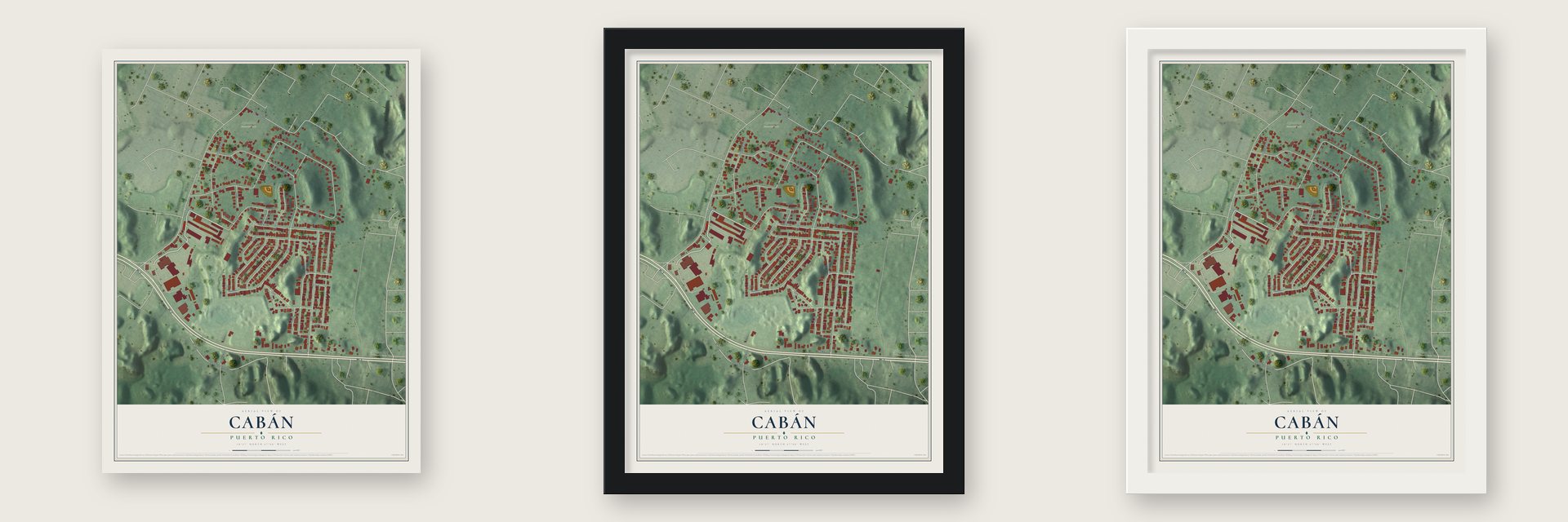 Cabán, Puerto Rico map unframed, in a black wood frame and in a white wood frame